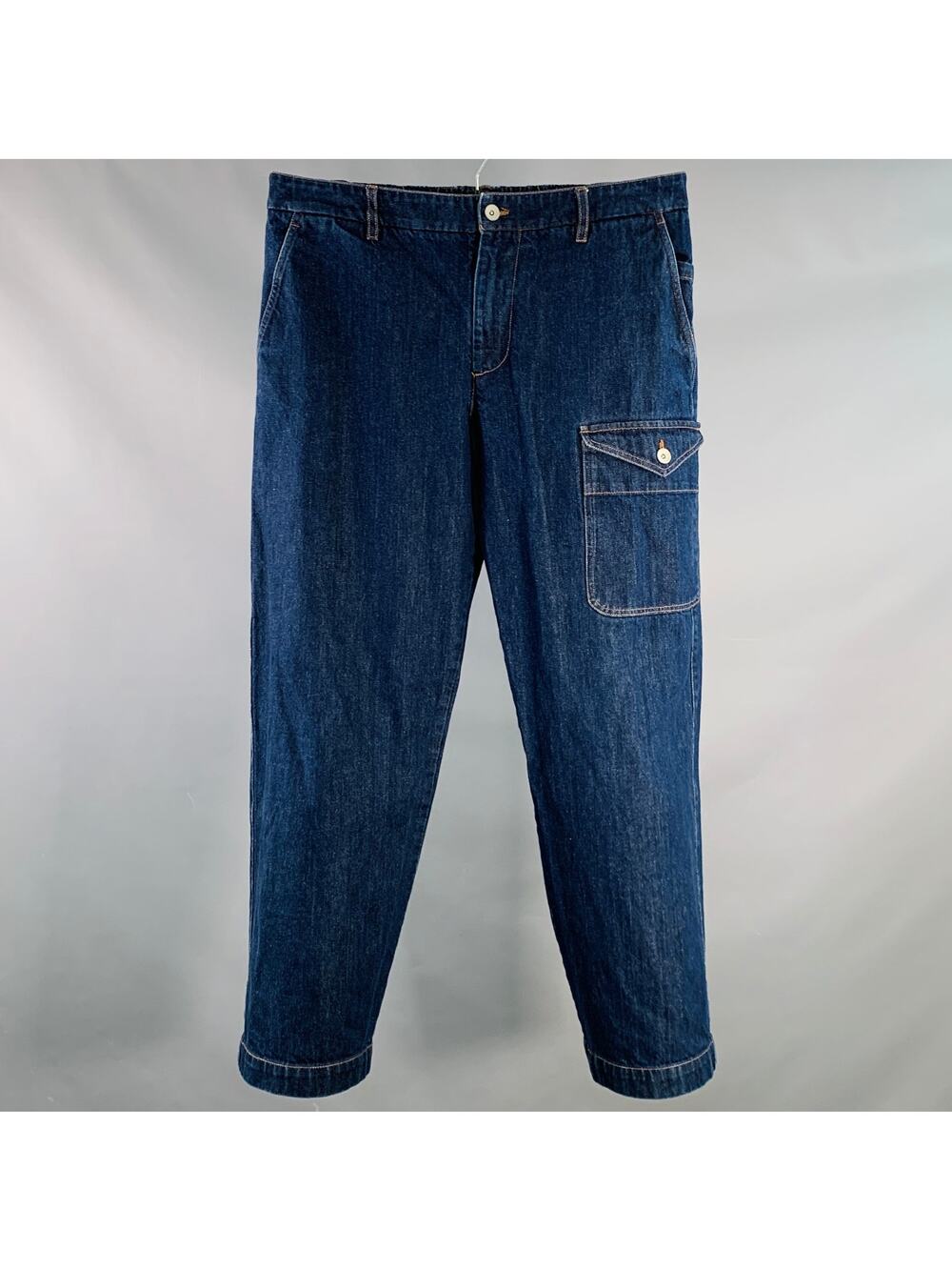 BARENA Size 34 Indigo Twill Cotton Tapered Cargo Jeans